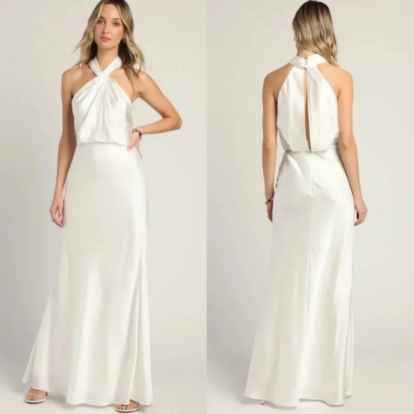 Lulu's Halter White Satin Halter Neck Twist-Front Maxi Dress Wedding Bridal - Picture 1 of 14